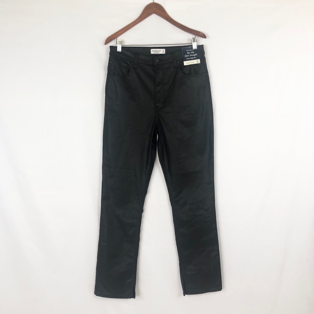 NEW Abercrombie & Fitch High Rise 90s Slim Straight‎ Jean Coated Black Size 32R